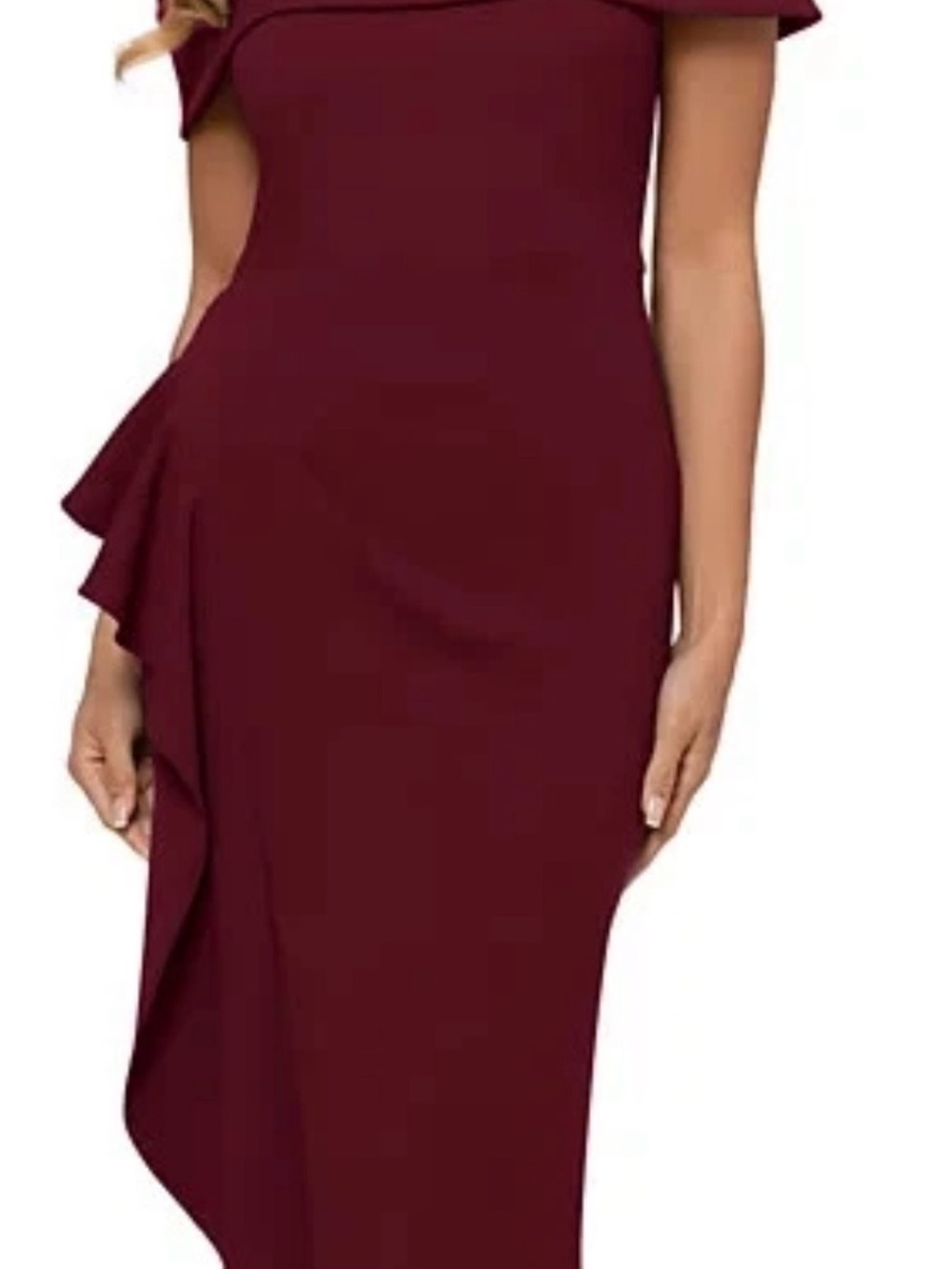 Off-Shoulder Ruffle Midi Dress in Burgundy